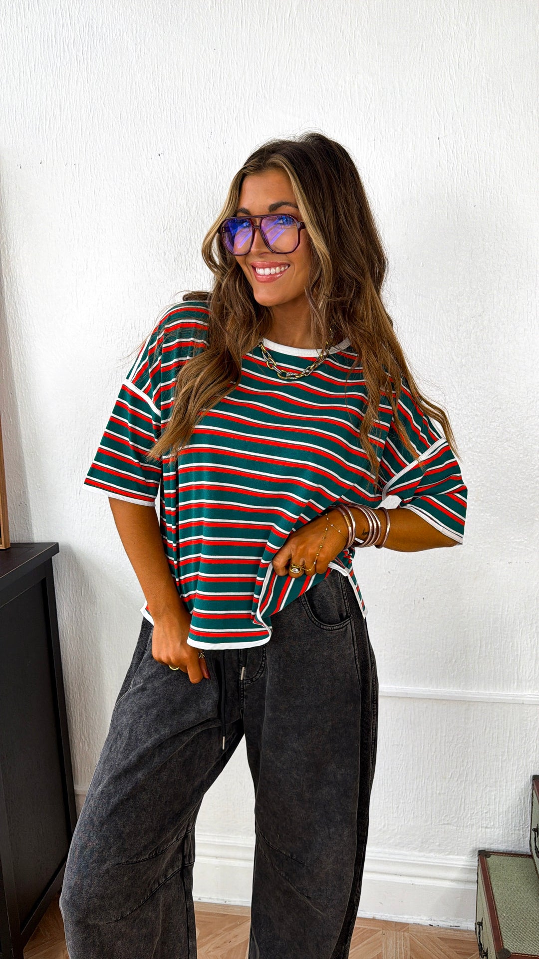Retro Spirit Stripe Top, Hunter Green/Tomato