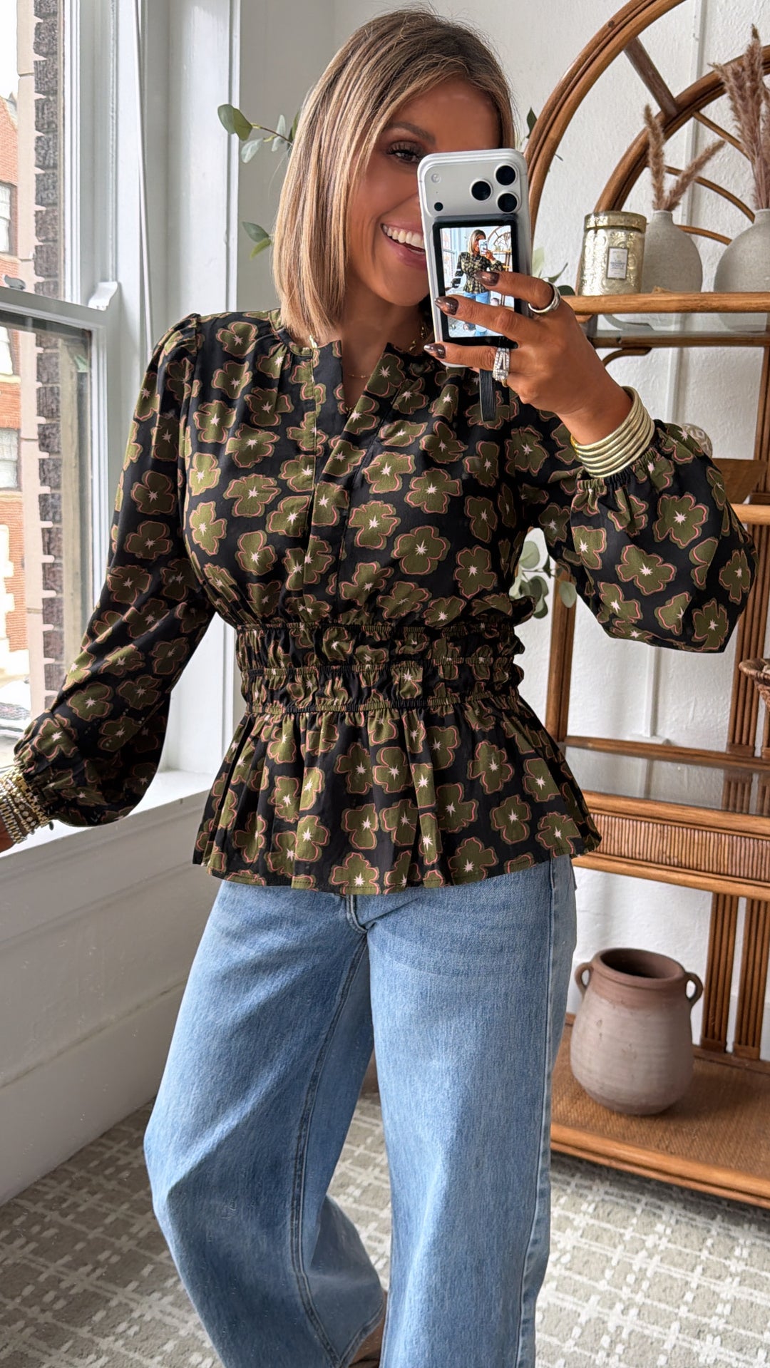 Indy Bell Blouse, Black/ Olive