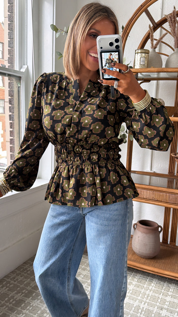 Indy Bell Blouse, Black/ Olive