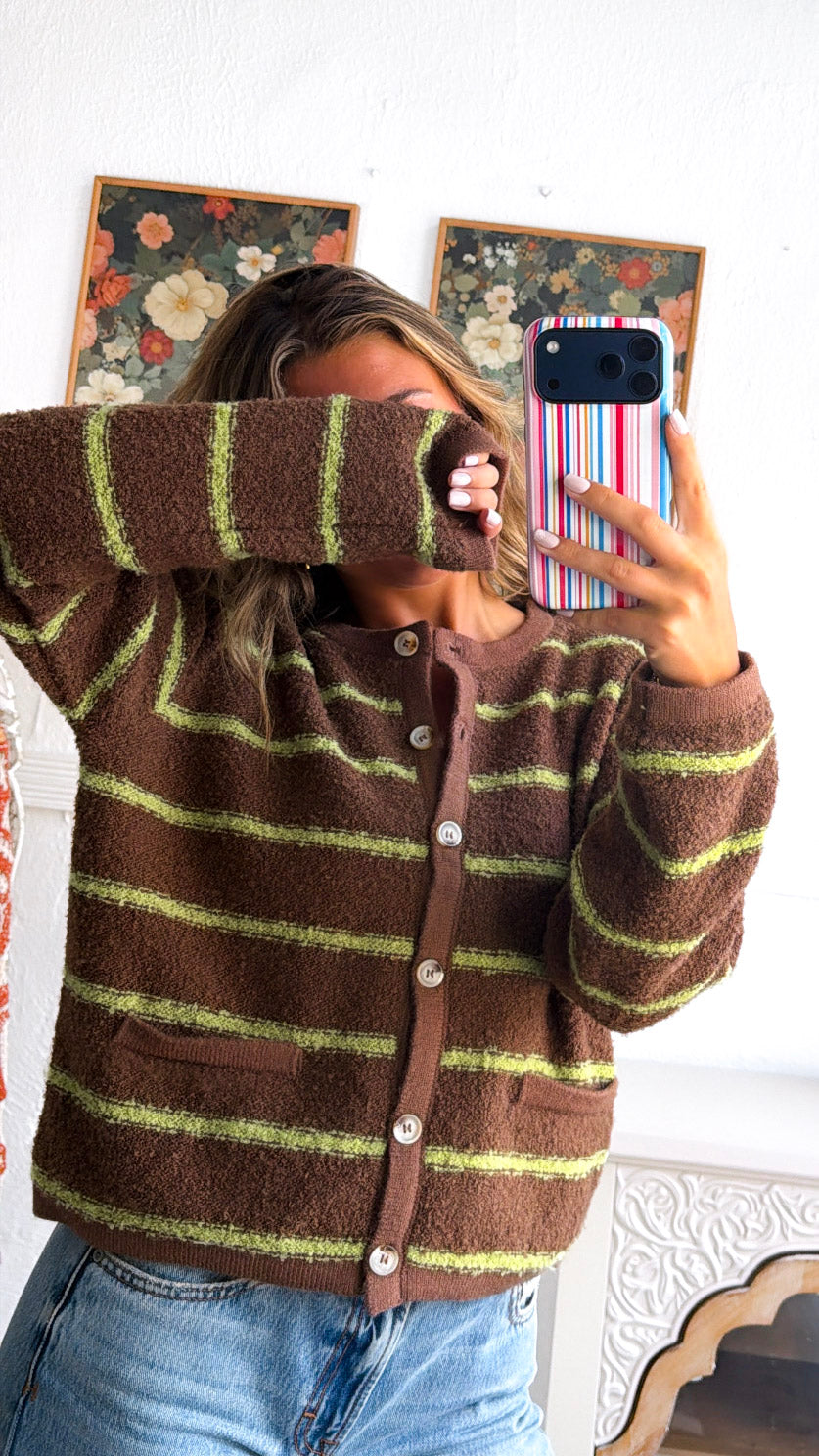 Perfect Layer Stripe Cardigan, Choco/Chartreuse