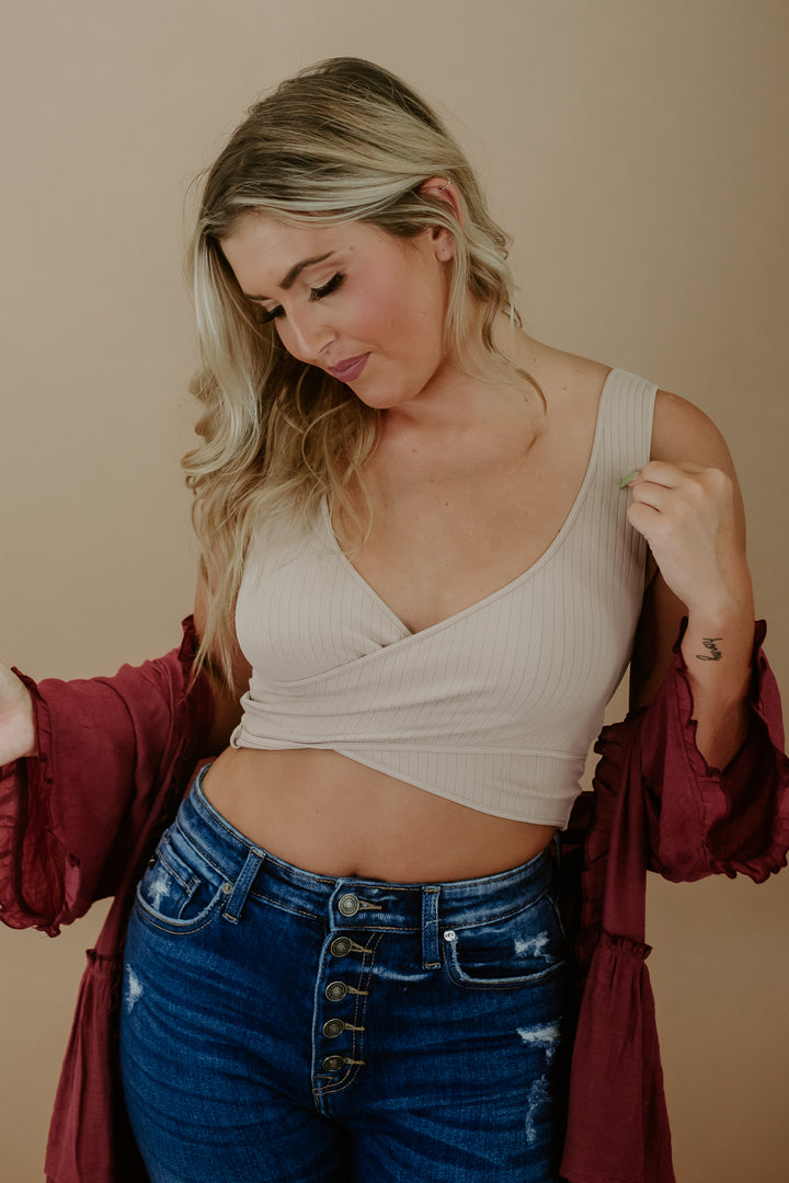 Something Rare Ribbed Crossover Crop Top, Almond