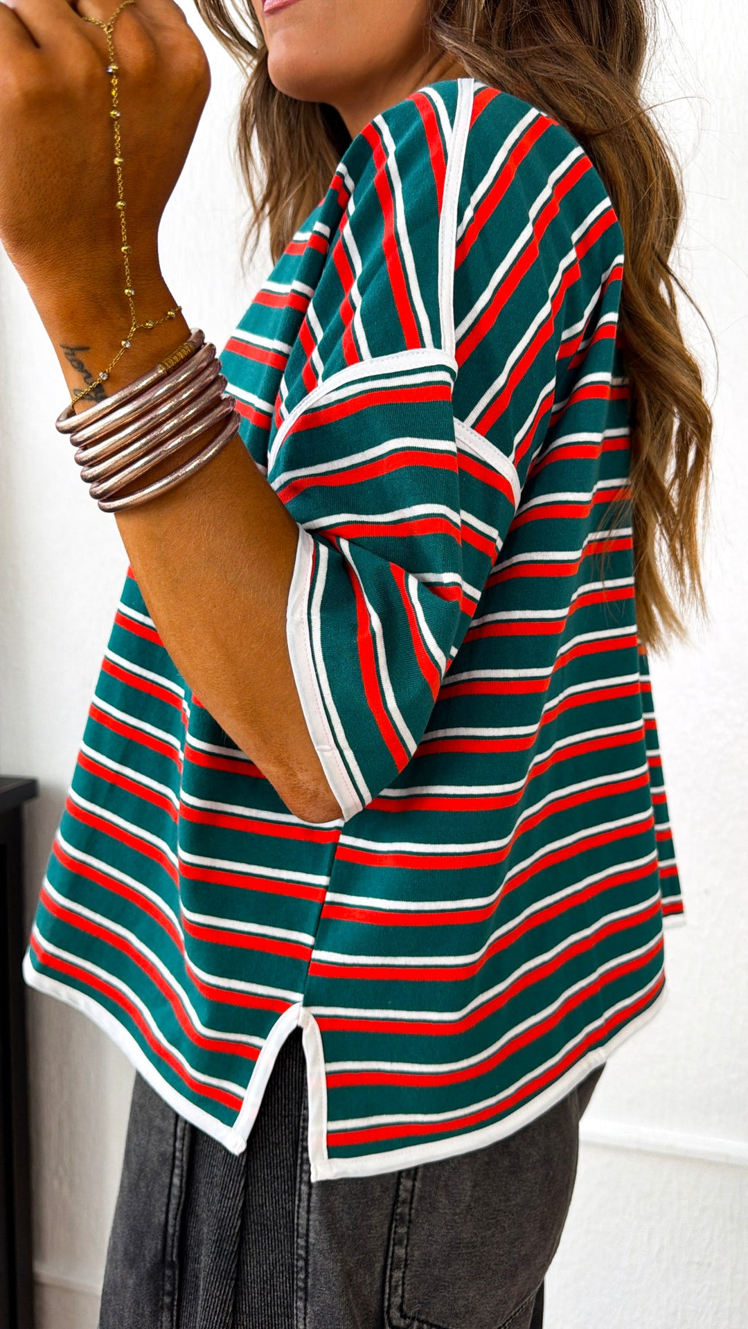 Retro Spirit Stripe Top, Hunter Green/Tomato