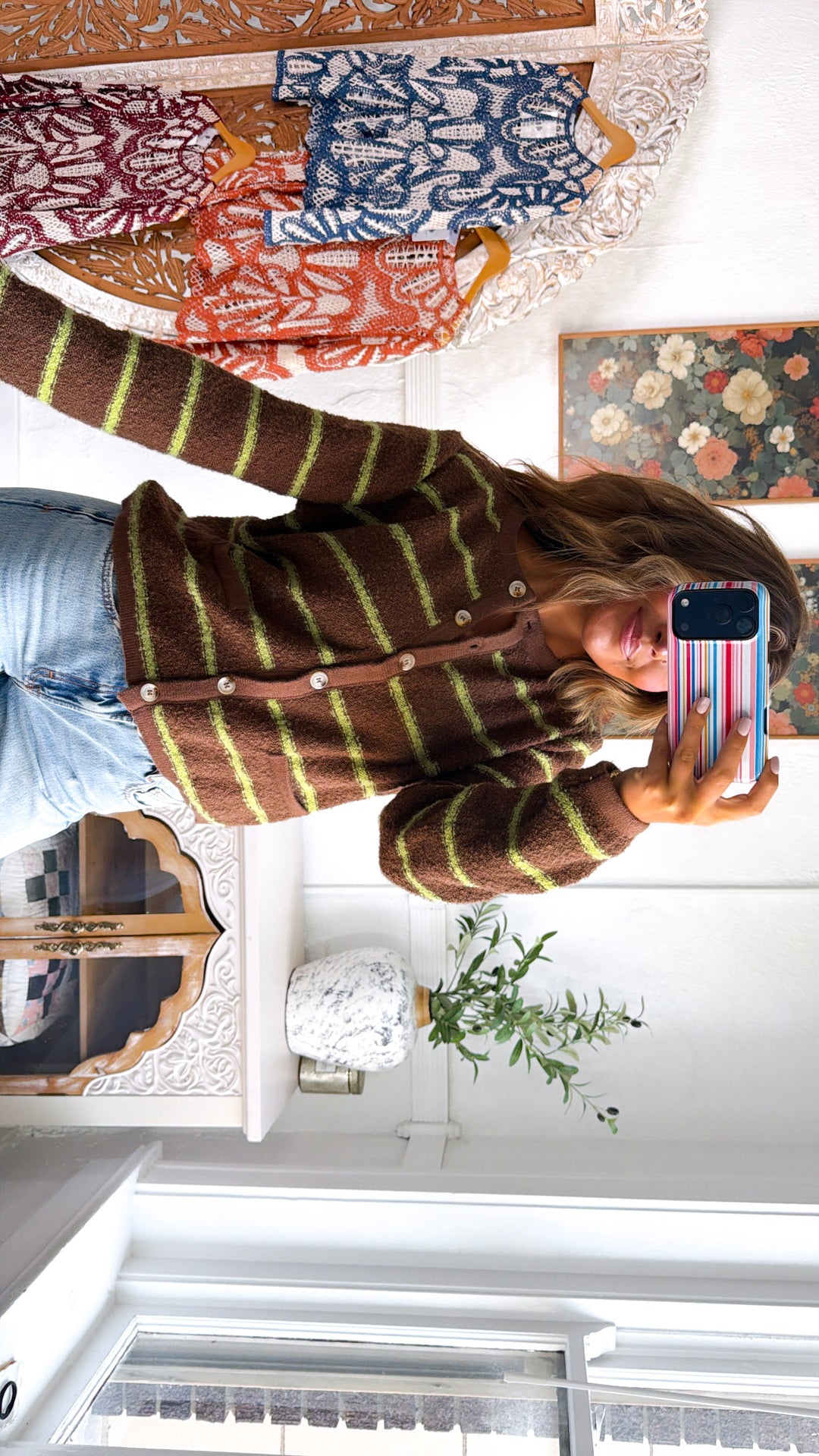 Perfect Layer Stripe Cardigan, Choco/Chartreuse