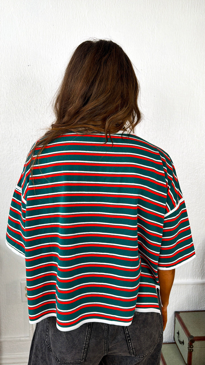 Retro Spirit Stripe Top, Hunter Green/Tomato