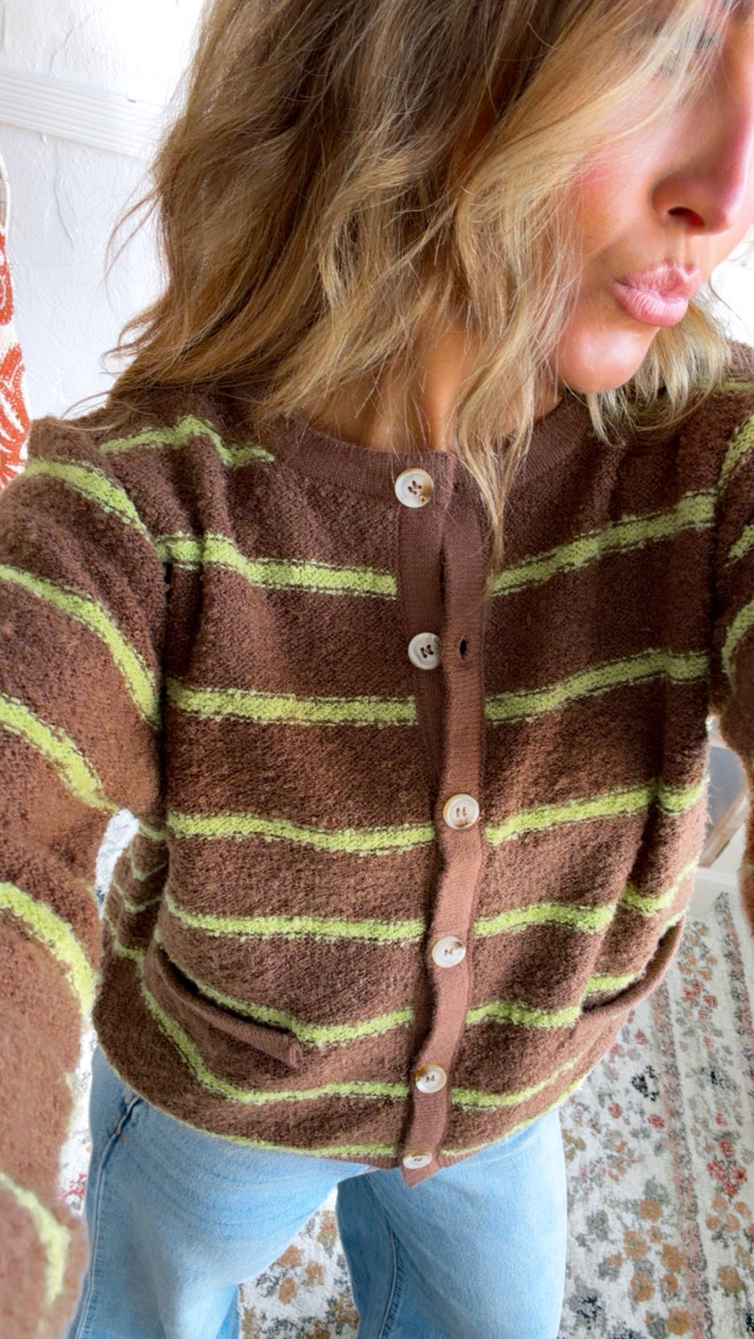 Perfect Layer Stripe Cardigan, Choco/Chartreuse