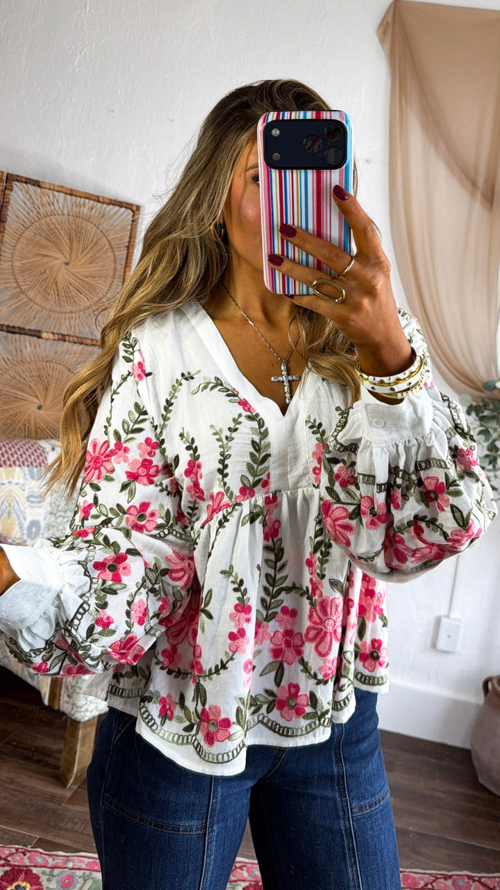 Sabrina Bloom Embriodered Blouse, Ivory Multi