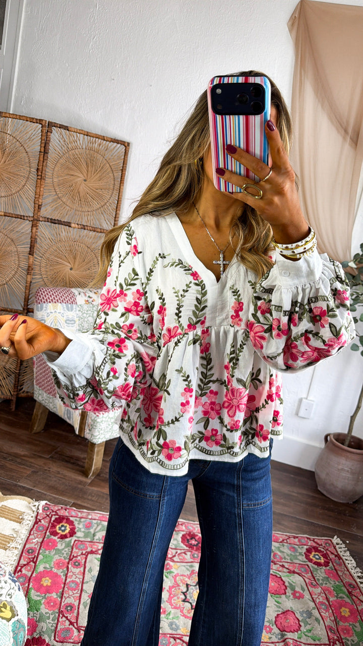 Sabrina Bloom Embriodered Blouse, Ivory Multi