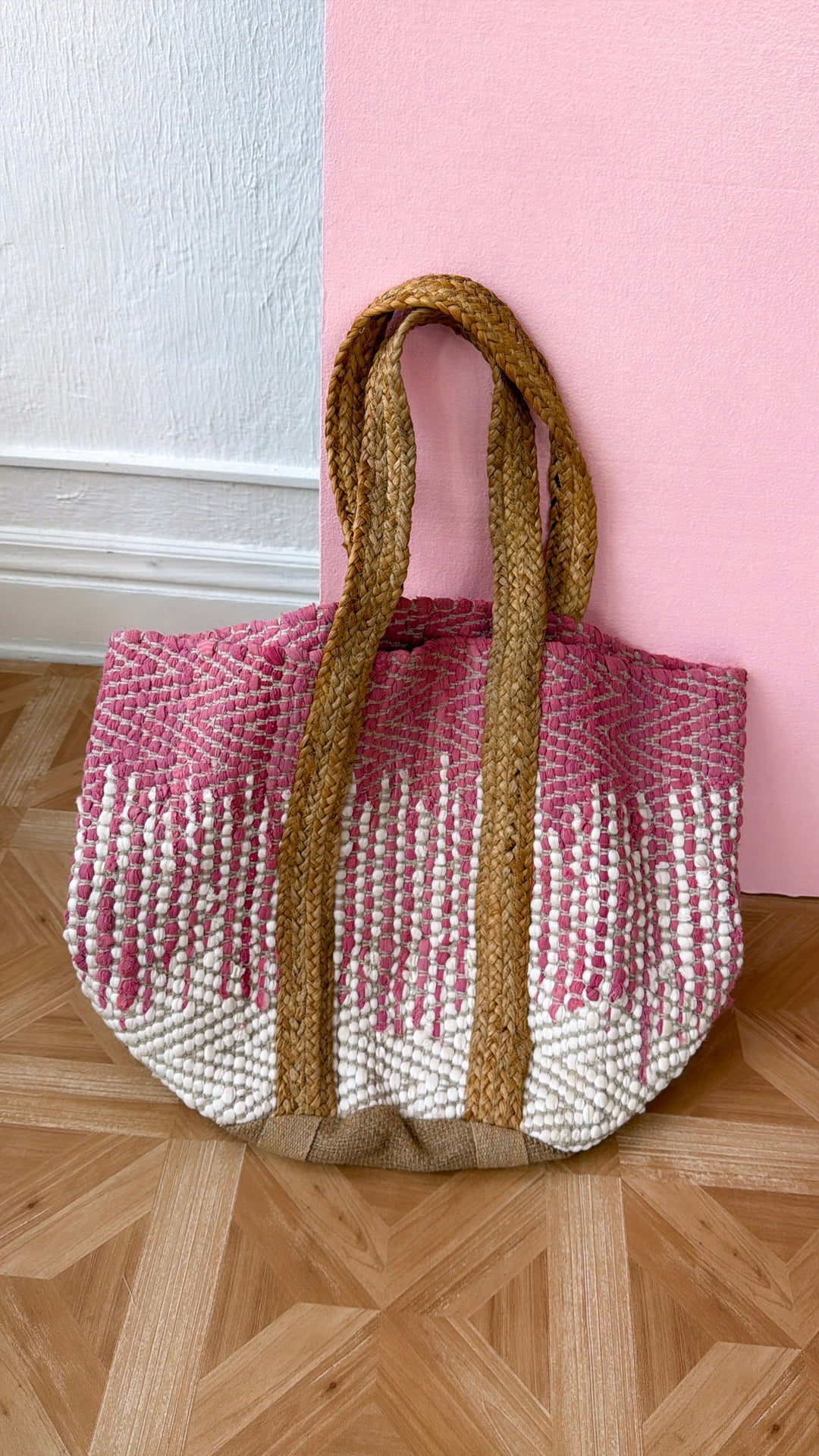 Summer Woven Tote Bag, Ivory/Pink