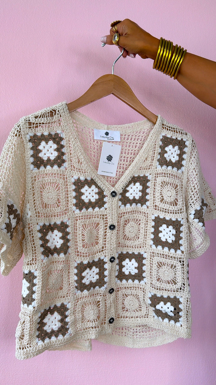 Soft Mornings Granny Square Top, Natural/Camel