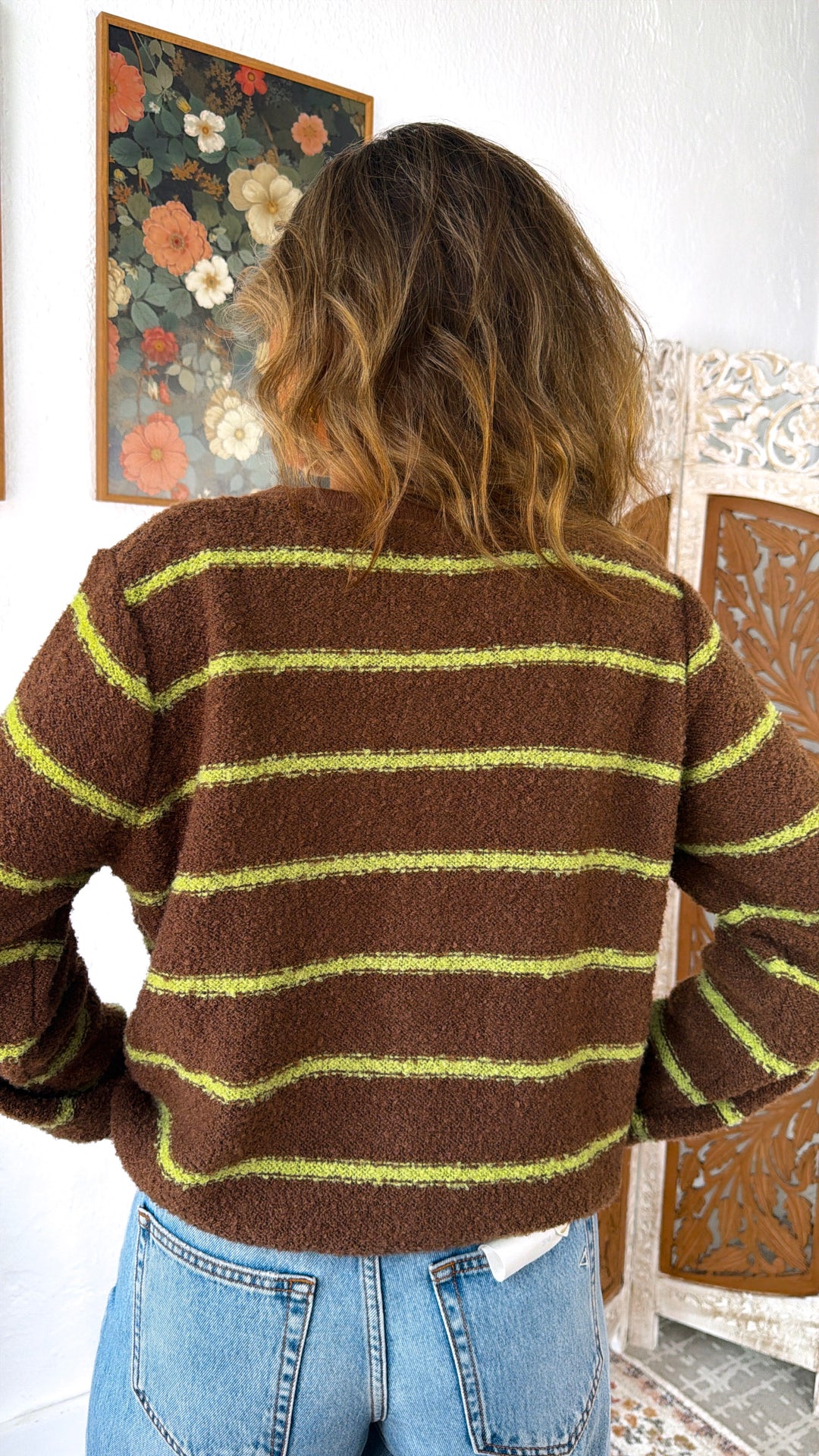Perfect Layer Stripe Cardigan, Choco/Chartreuse