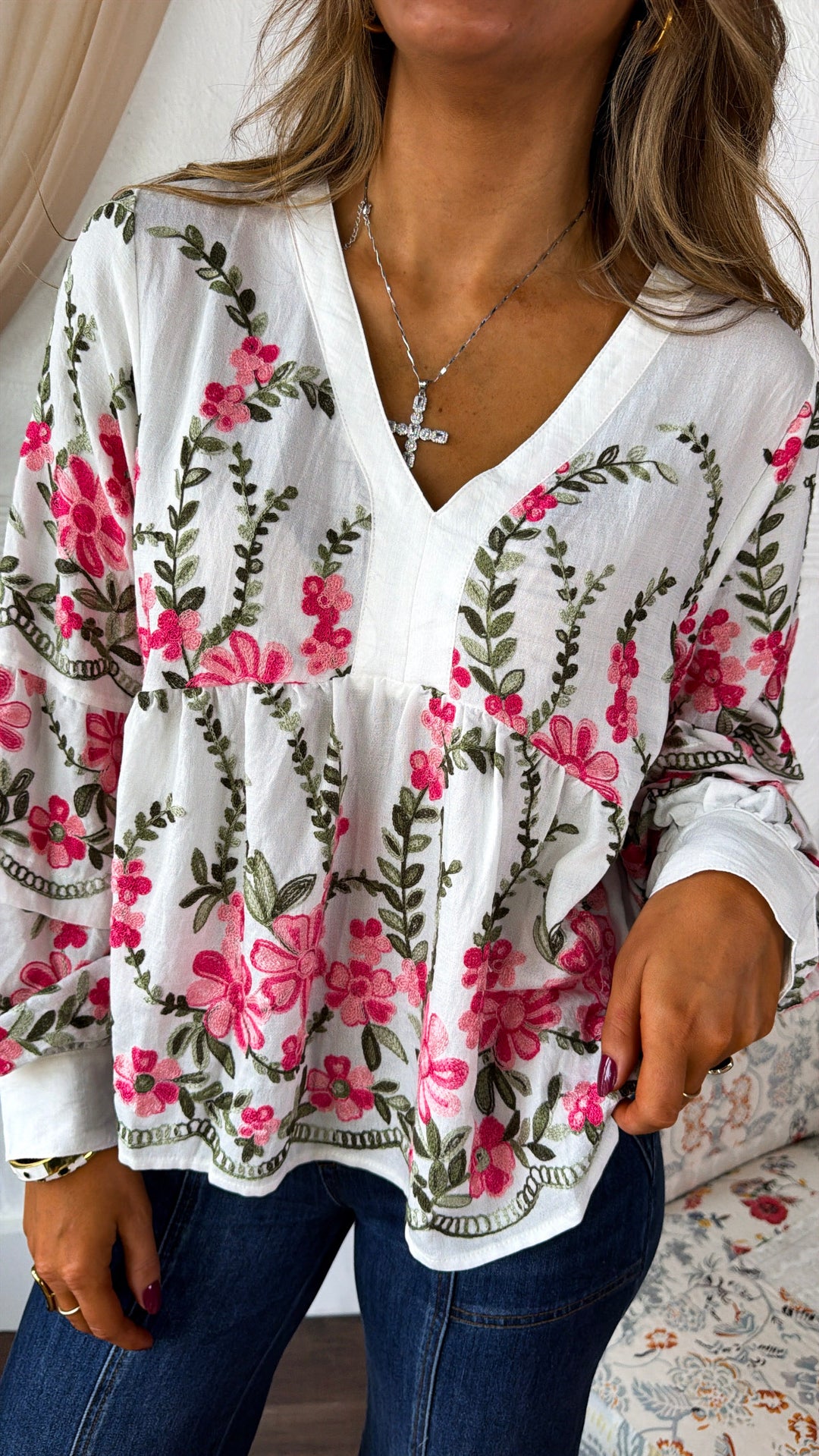 Sabrina Bloom Embriodered Blouse, Ivory Multi