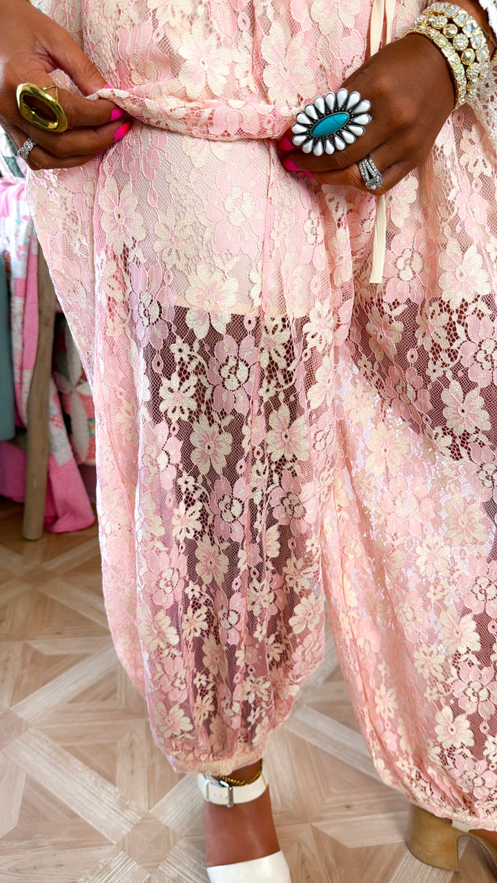Floral Lace Balloon Joggers, Blush/Peach