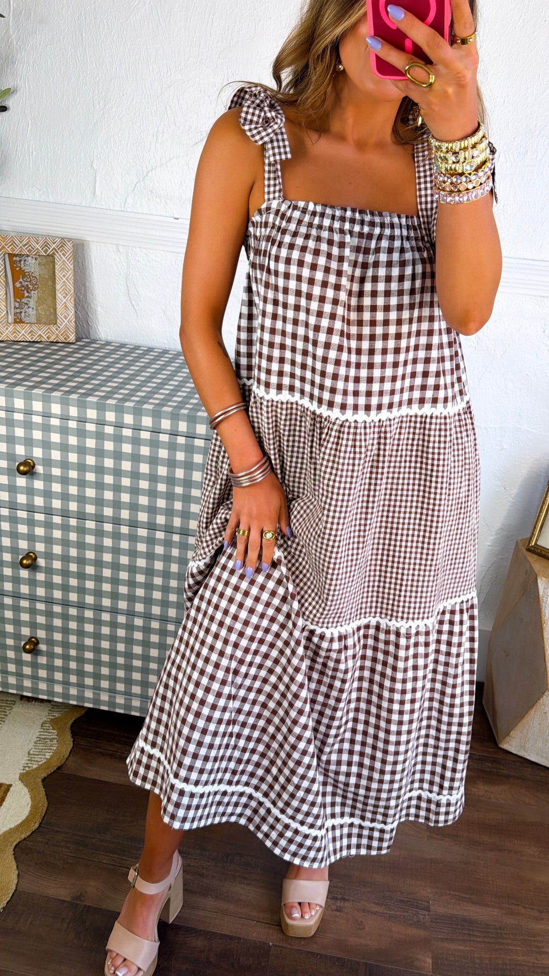 Vanilla Cold Brew Gingham Dress, Choco/ Cream