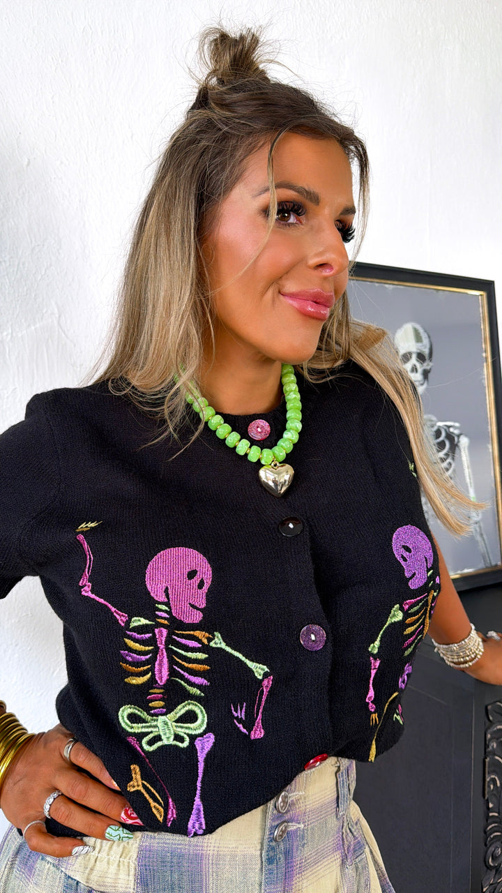 Skeleton Party Knit Cardigan, Black