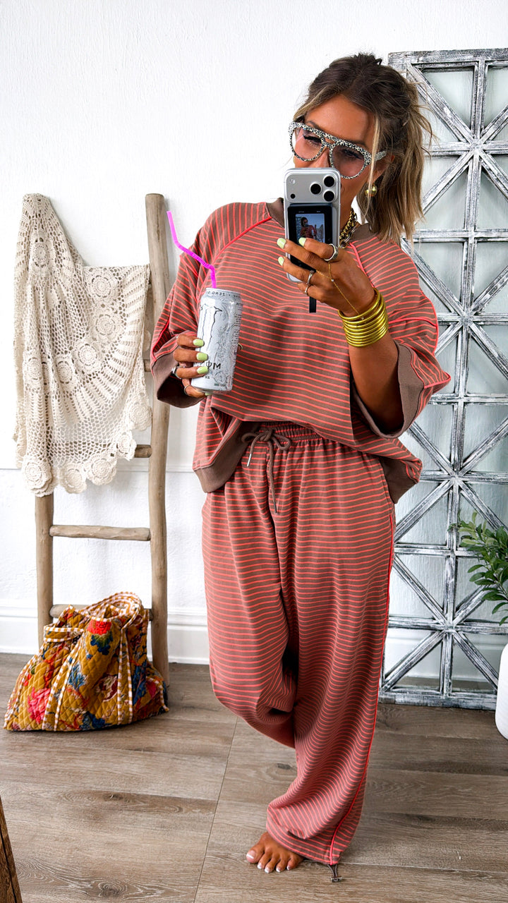 Stripe Printed Sweatpants, Mocha/Coral