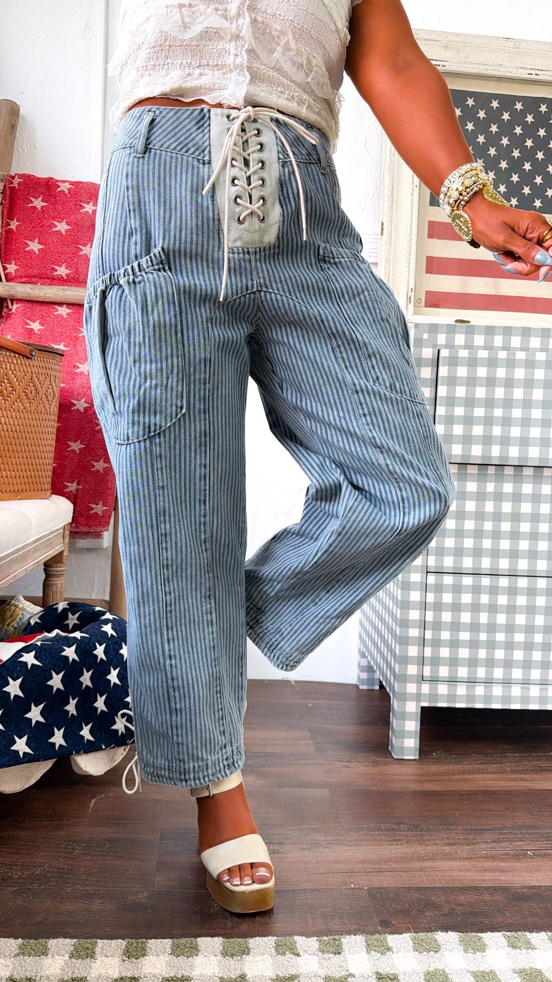 Denim Lace Up Pants, Med. Denim