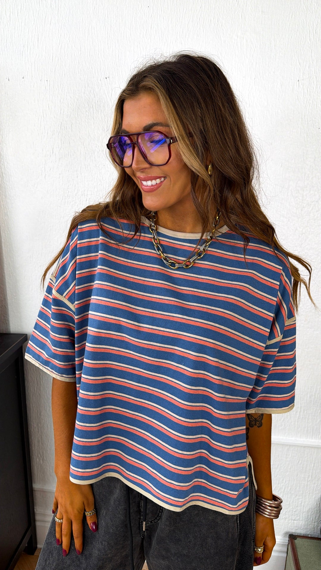Retro Spirit Stripe Top, Denim/ Salmon