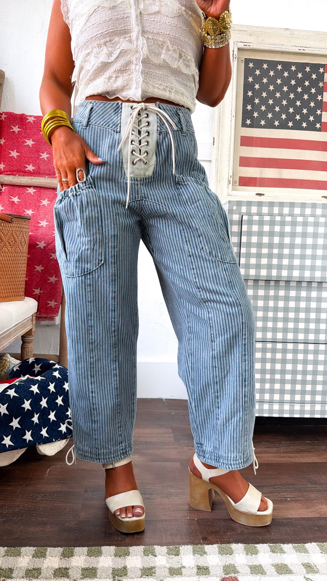 Denim Lace Up Pants, Med. Denim