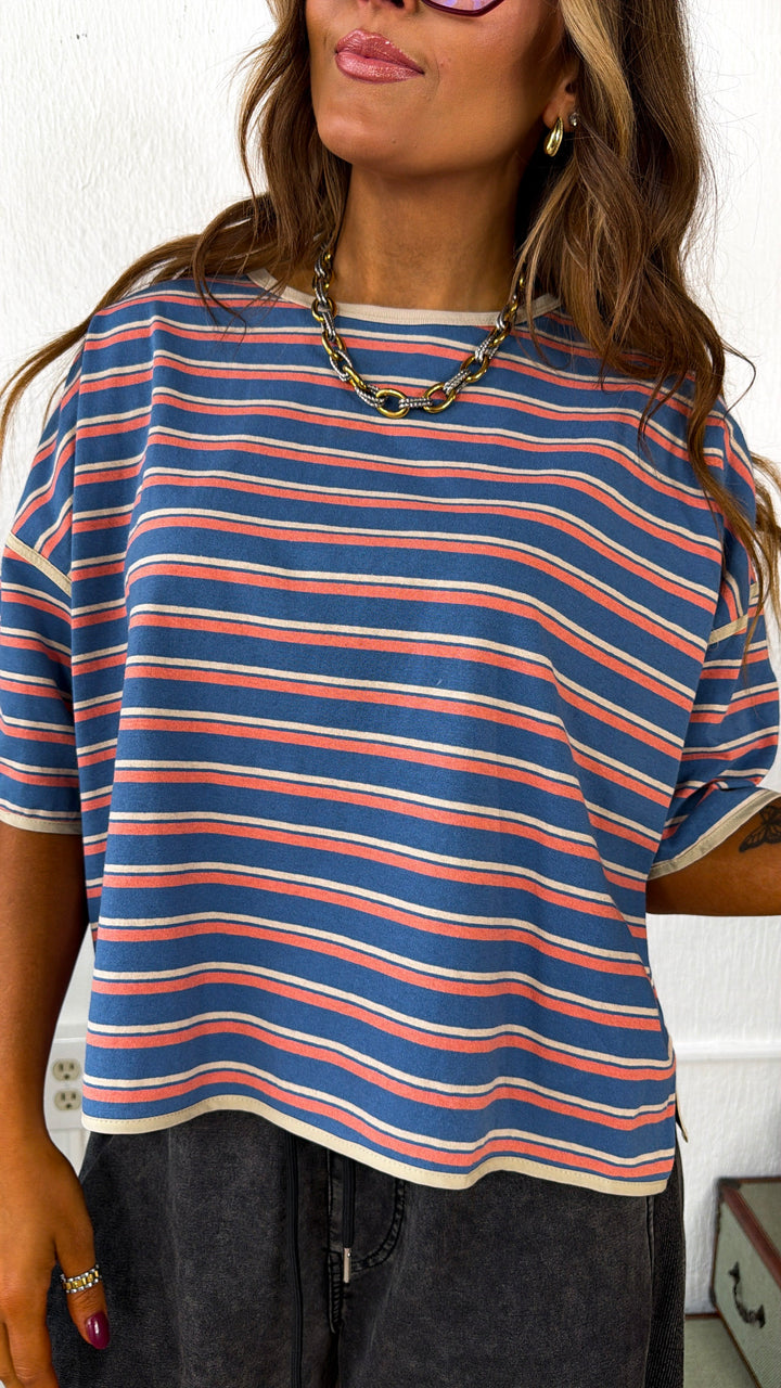 Retro Spirit Stripe Top, Denim/ Salmon