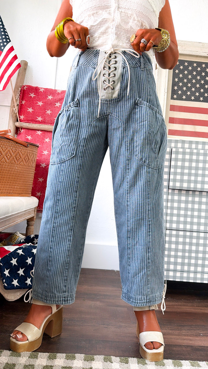 Denim Lace Up Pants, Med. Denim