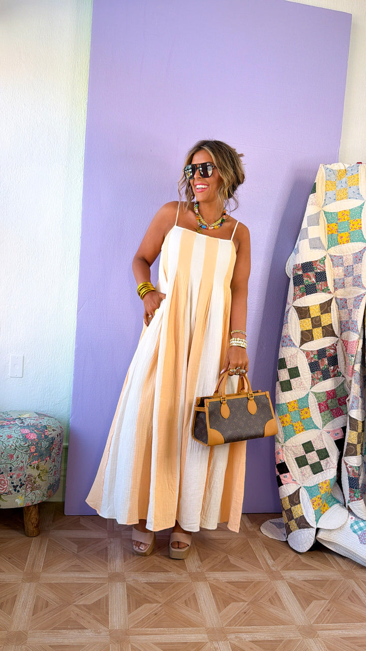 Sunshine Ribbon Midi Dress, Cream/Coral