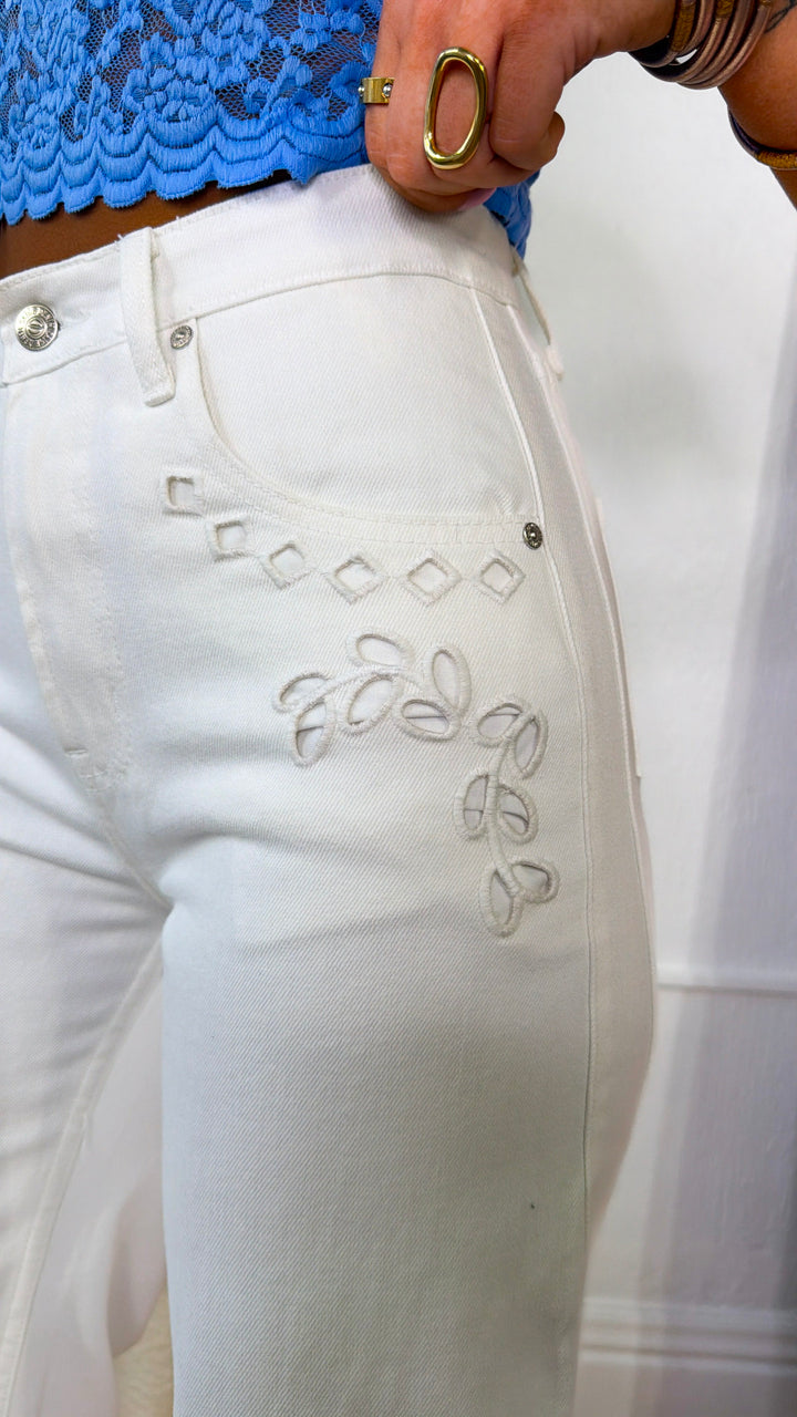 Eyelet Floral Barrel Jeans, White