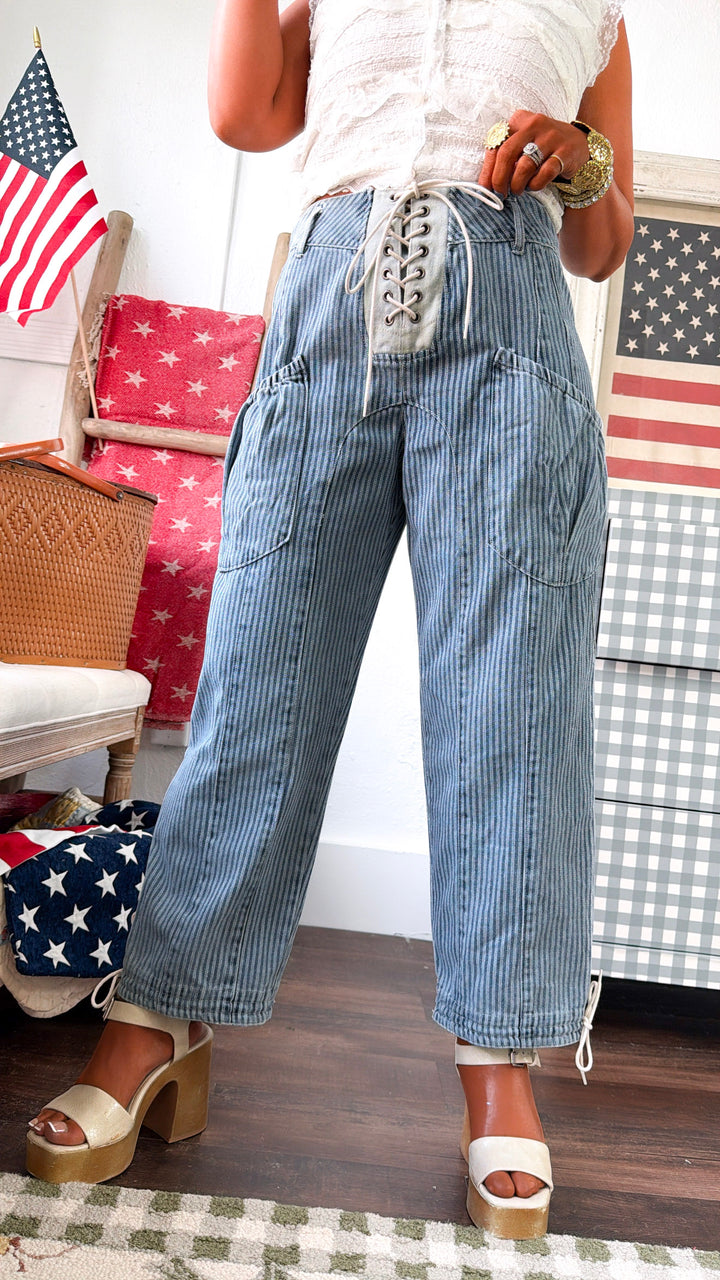 Denim Lace Up Pants, Med. Denim