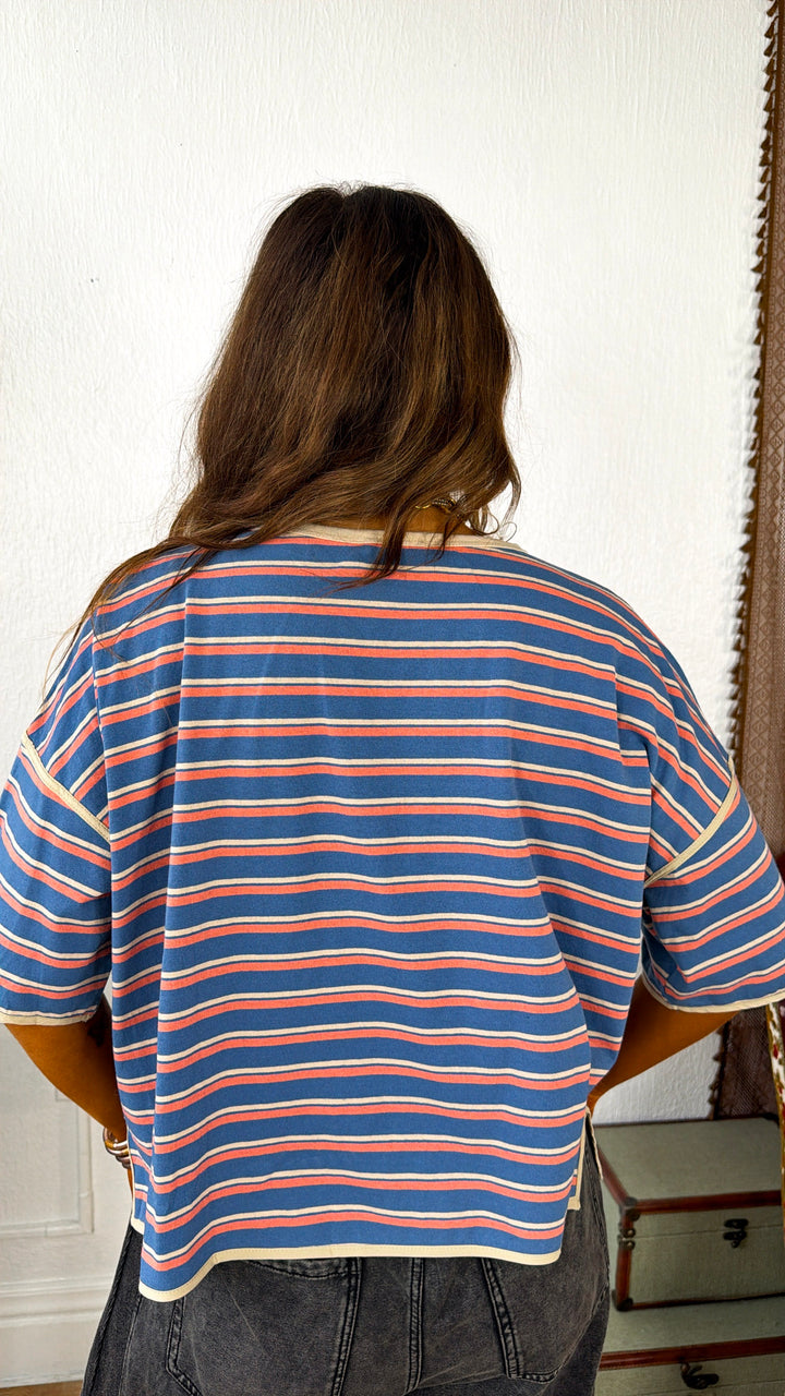 Retro Spirit Stripe Top, Denim/ Salmon