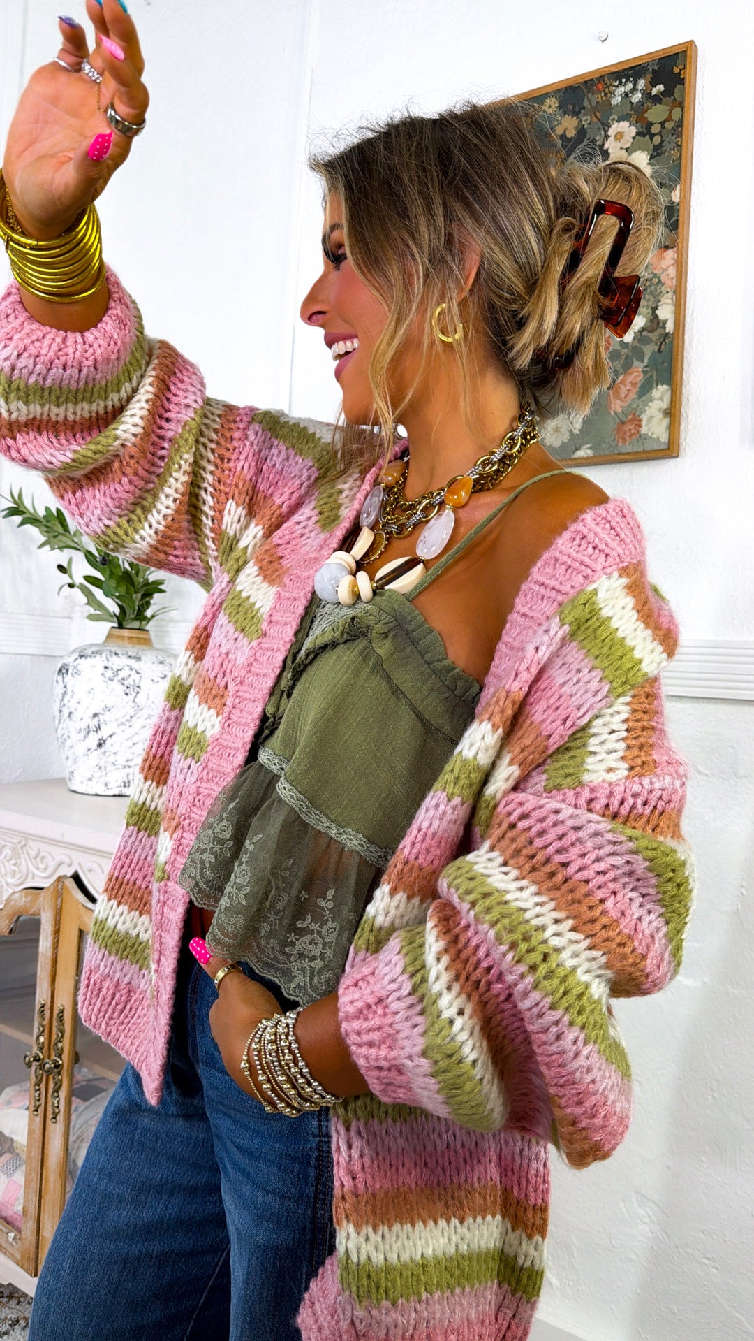 Afterglow Knit Cardigan, Rose/Matcha/Pink