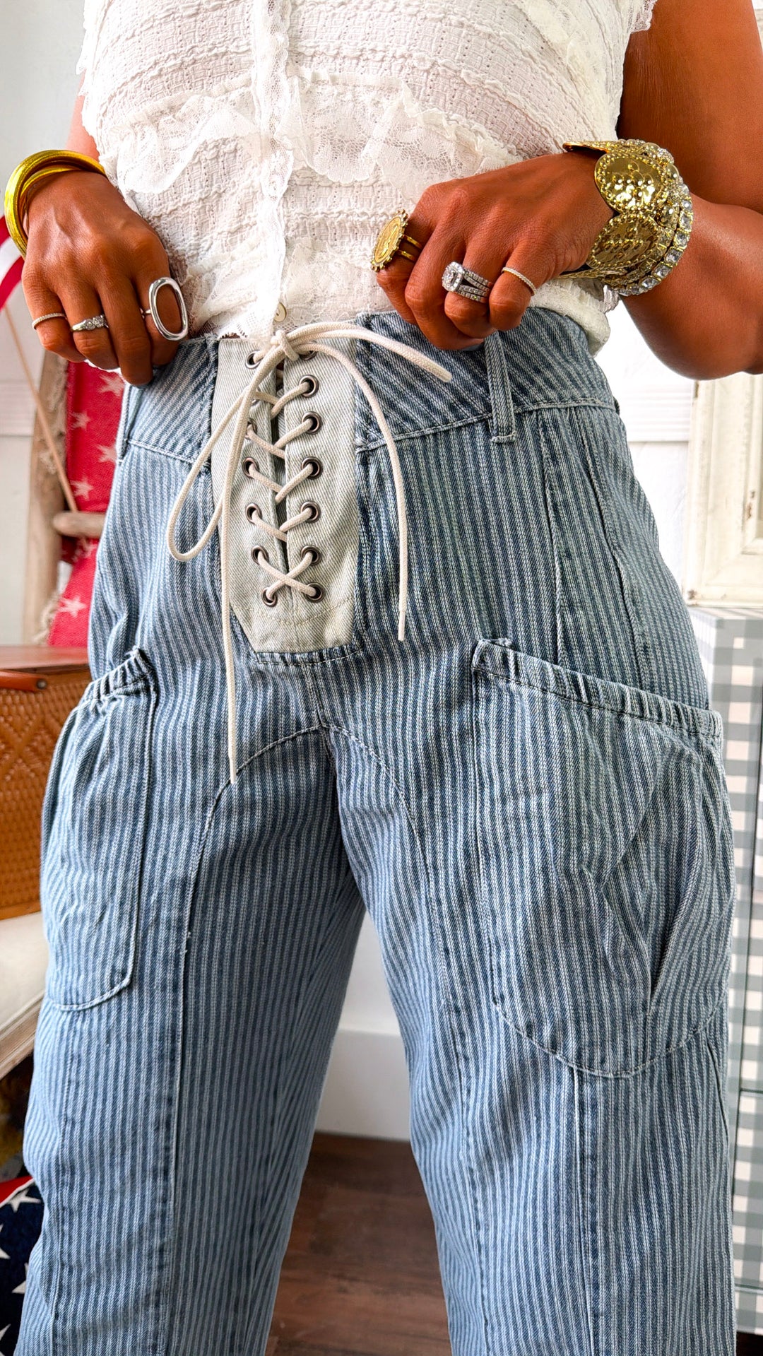 Denim Lace Up Pants, Med. Denim
