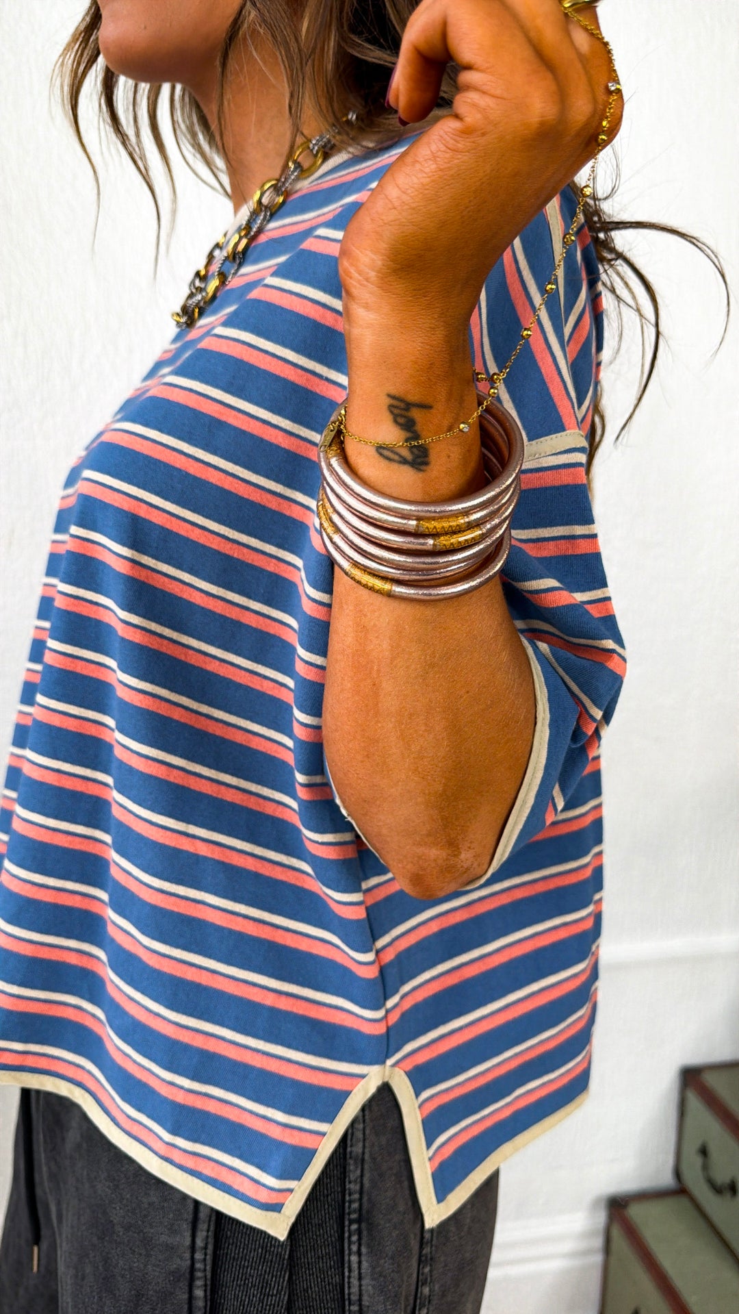 Retro Spirit Stripe Top, Denim/ Salmon