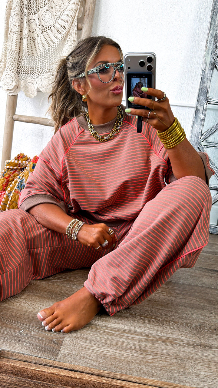 Stripe Printed Crewneck, Mocha/Coral
