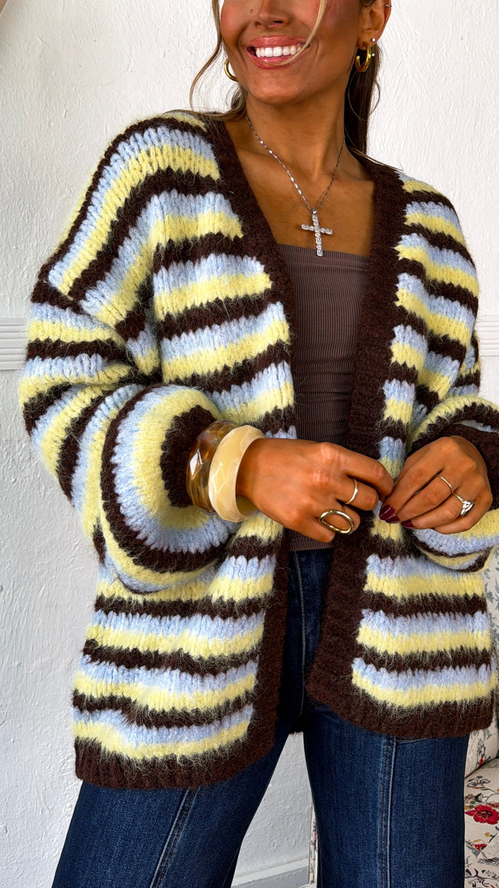 Bright Knit Cardigan, Choco/Yellow/Blue