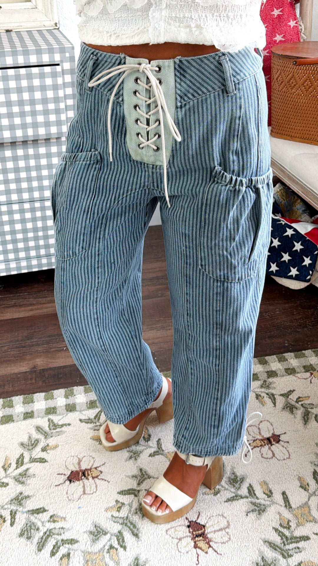 Denim Lace Up Pants, Med. Denim