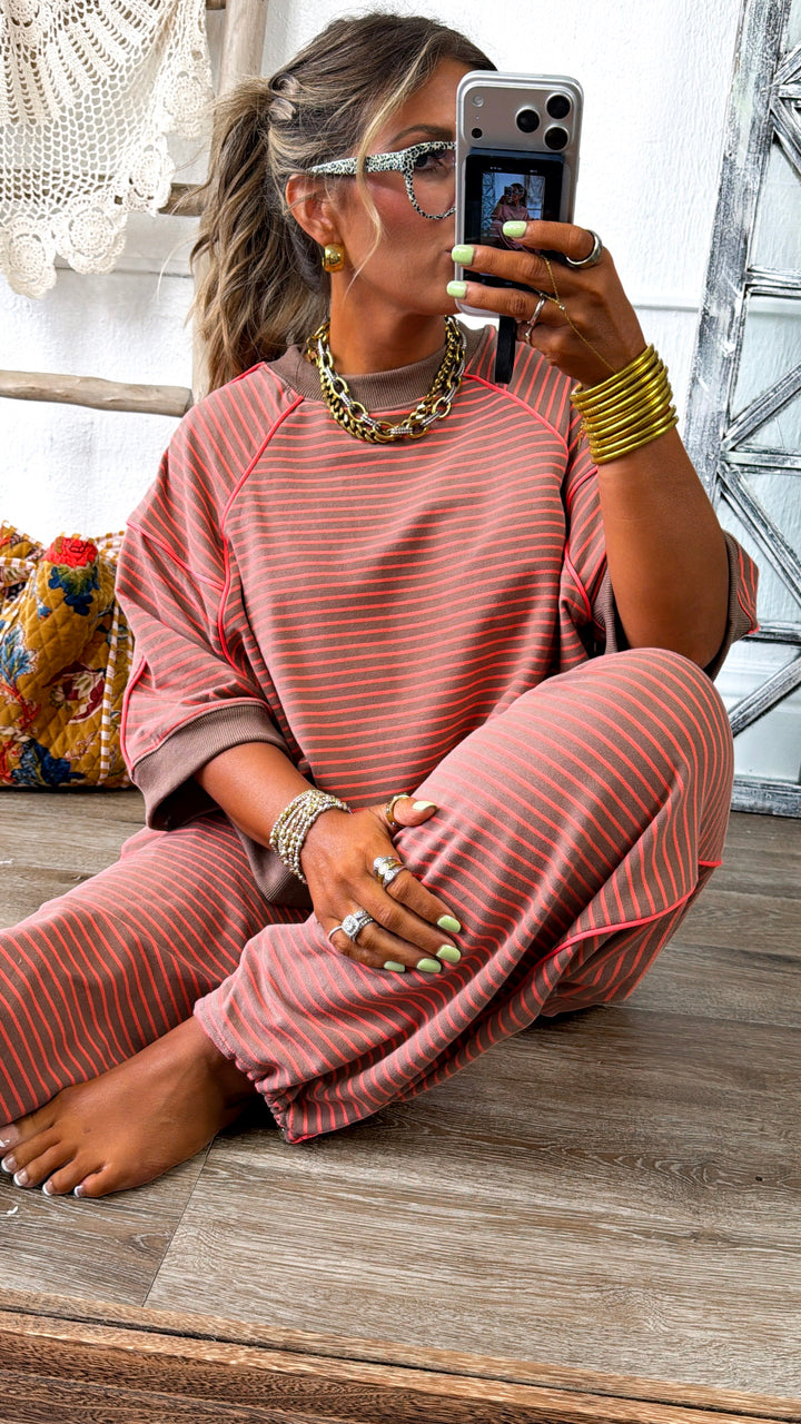 Stripe Printed Crewneck, Mocha/Coral