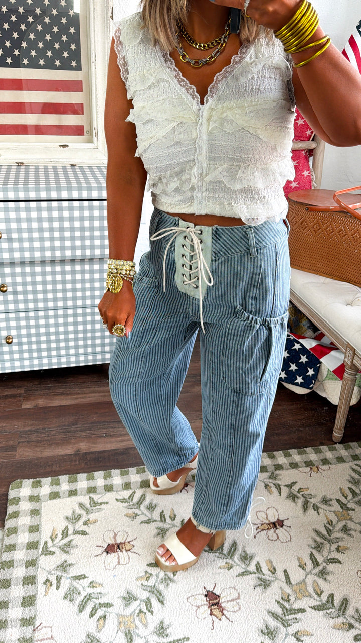 Denim Lace Up Pants, Med. Denim