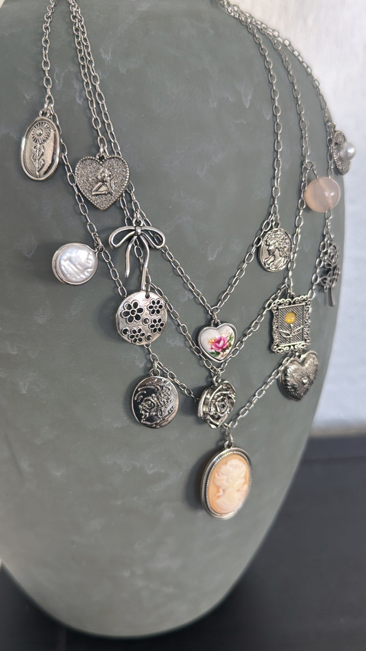 Rose Crest Multi Layered Necklace, Silver