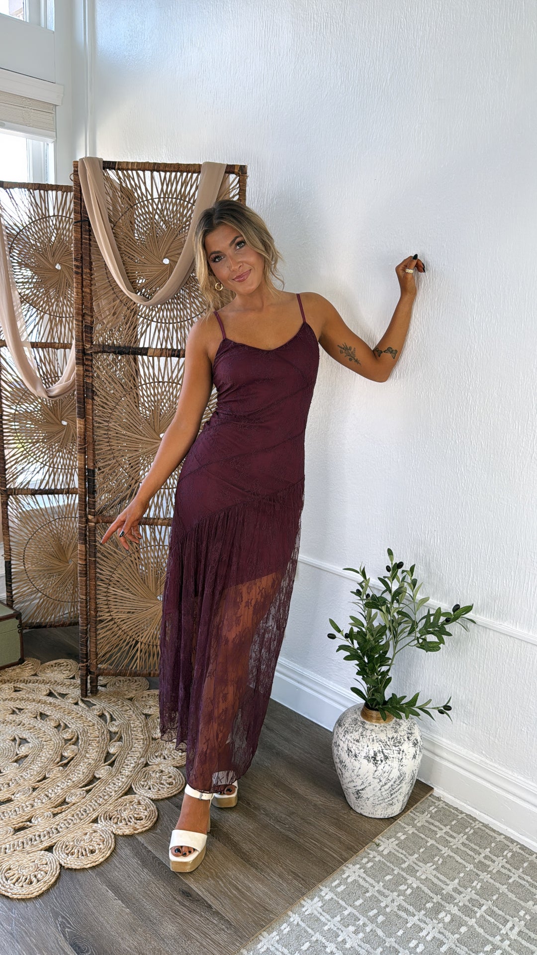 Moonlit Lace Maxi Dress, Merlot