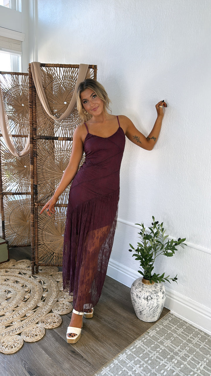 Moonlit Lace Maxi Dress, Merlot