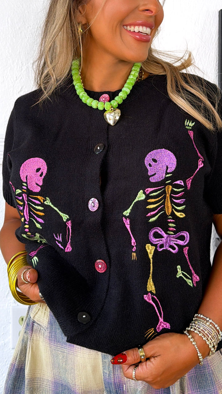 Skeleton Party Knit Cardigan, Black