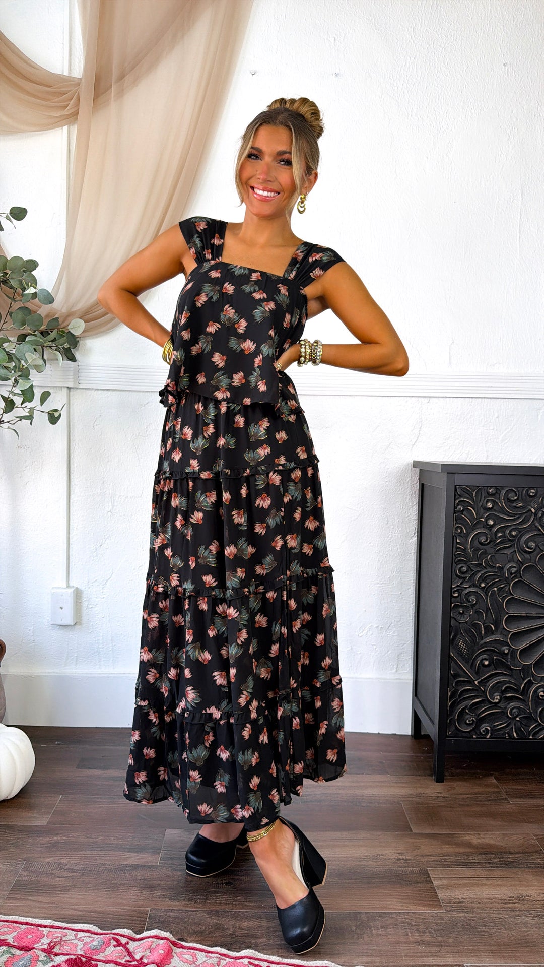 Floral Print Square Neck Top, Black Multi