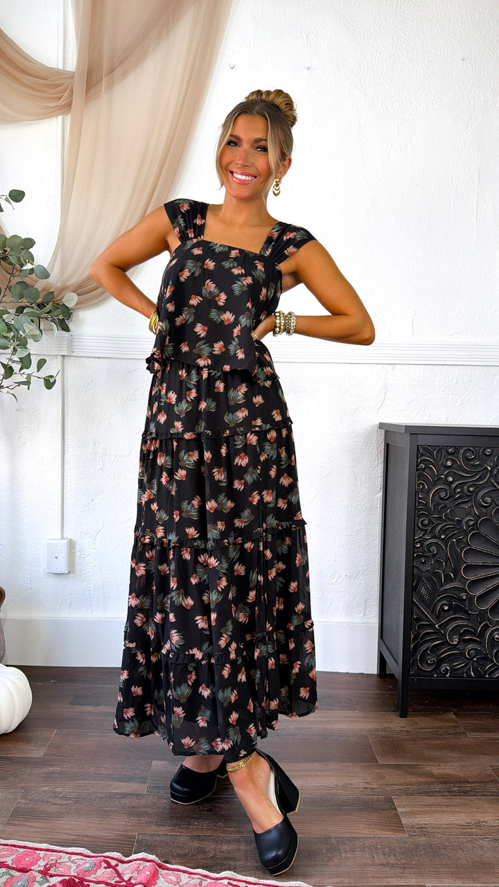 Floral Print Square Neck Top, Black Multi