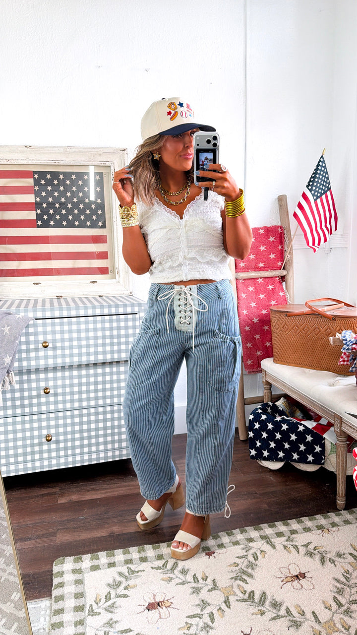 Denim Lace Up Pants, Med. Denim