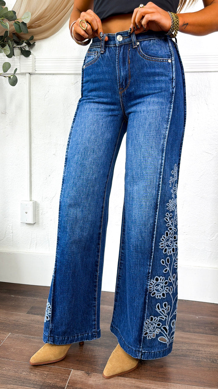 Wildflower Stitch Wide Leg Denim, Md. Dark