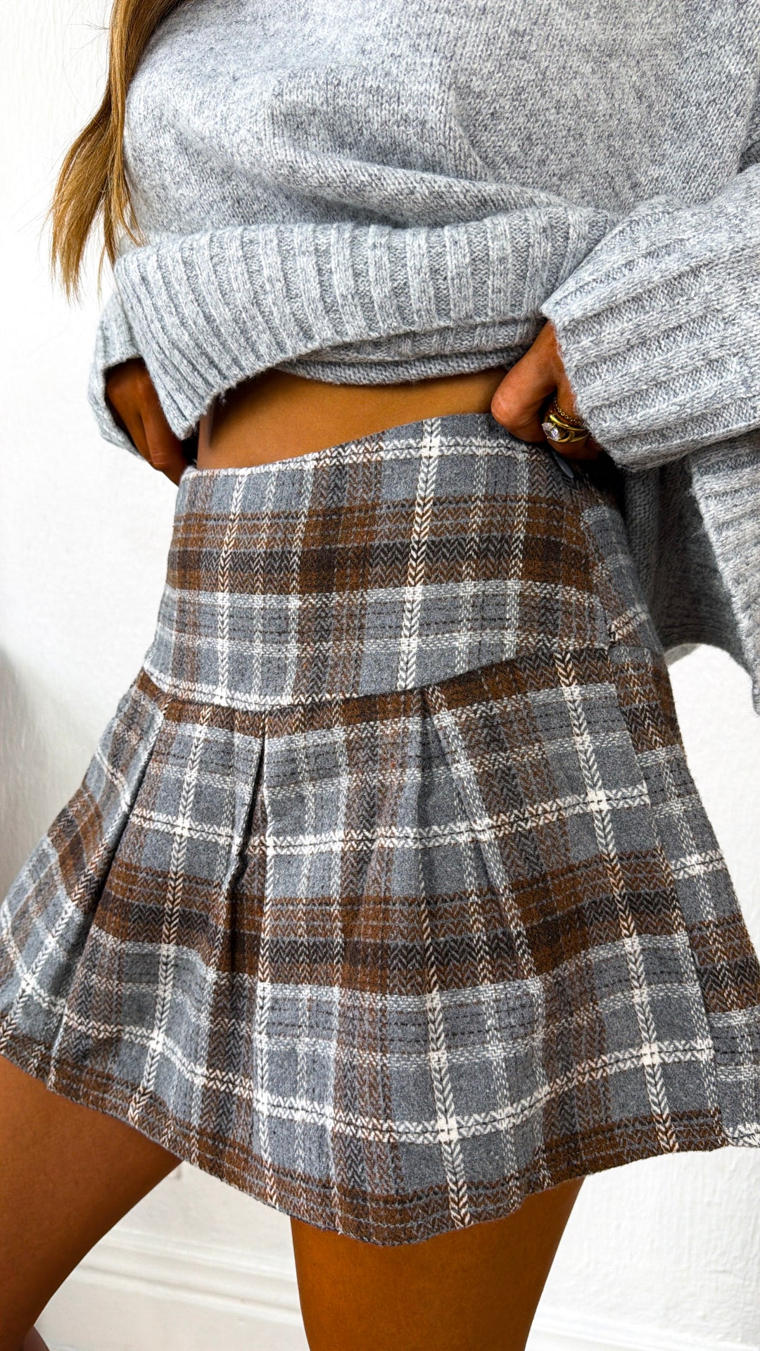Plaid Pleated Mini Skort, Grey/Mocha