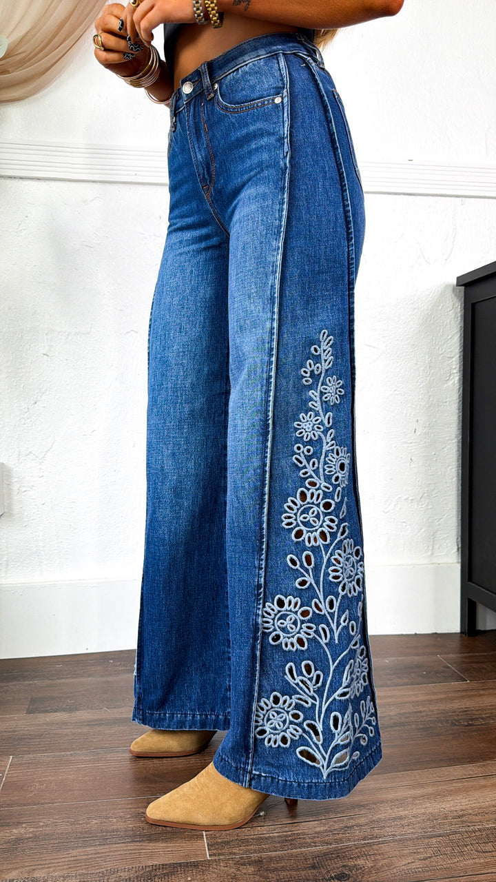 Wildflower Stitch Wide Leg Denim, Md. Dark