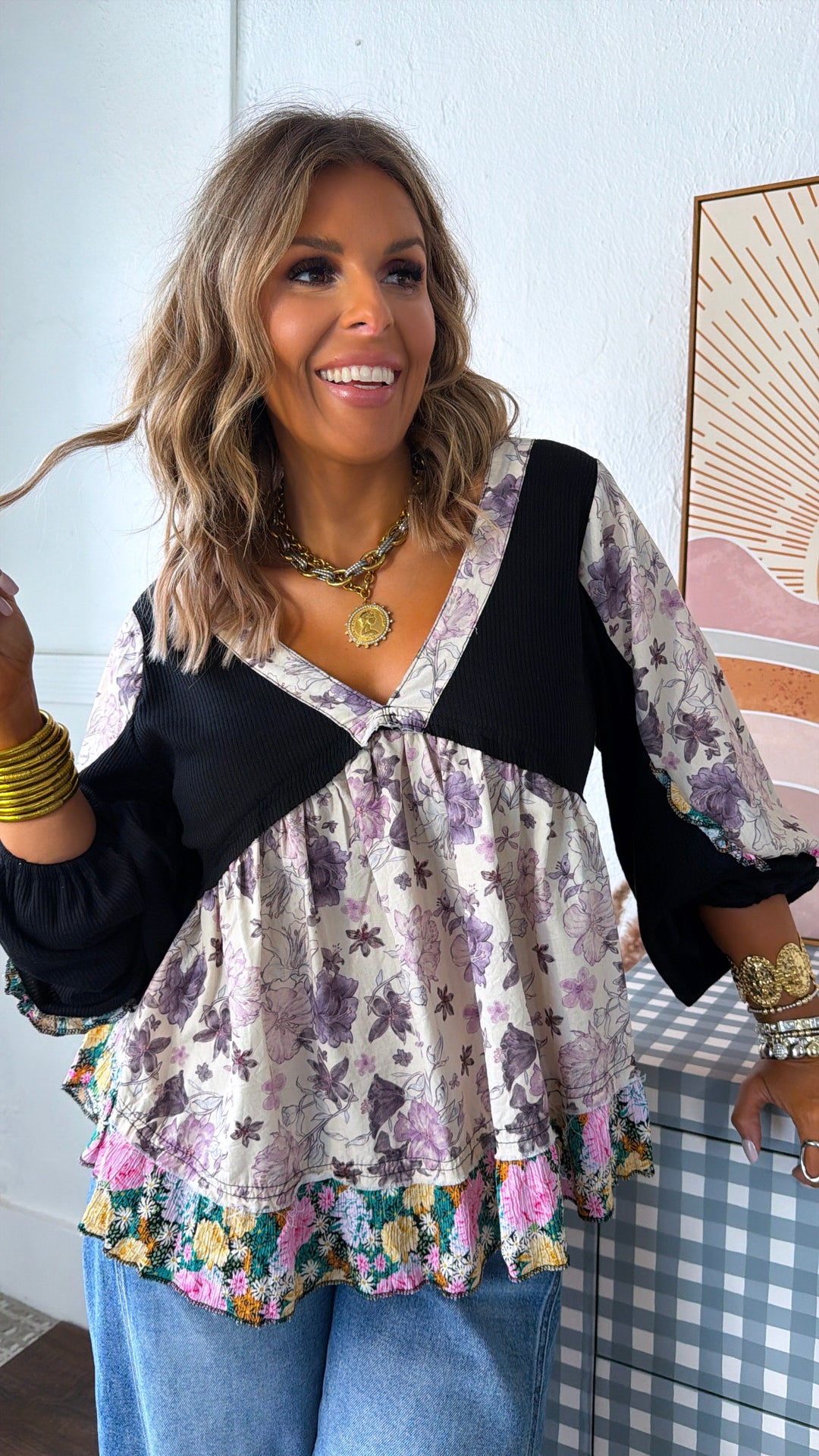 Studio Floral V-Neck Top, Black Multi