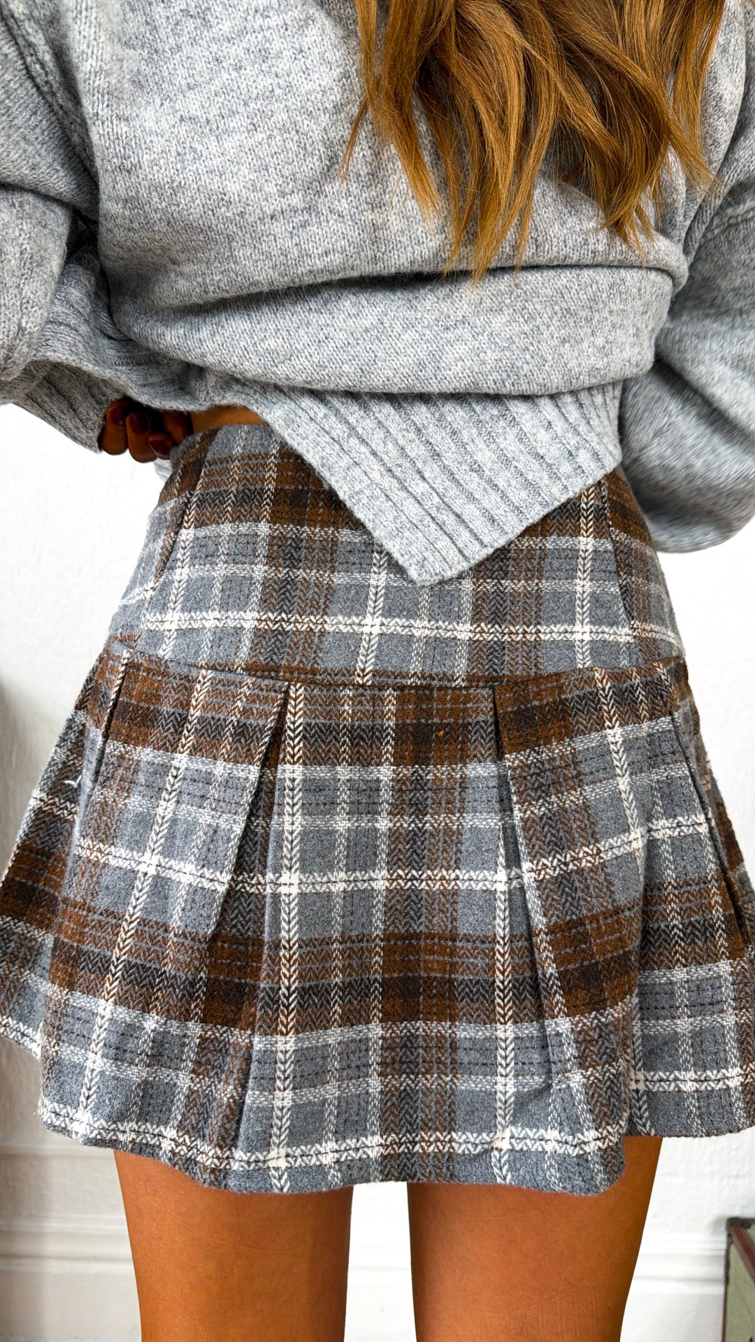 Plaid Pleated Mini Skort, Grey/Mocha