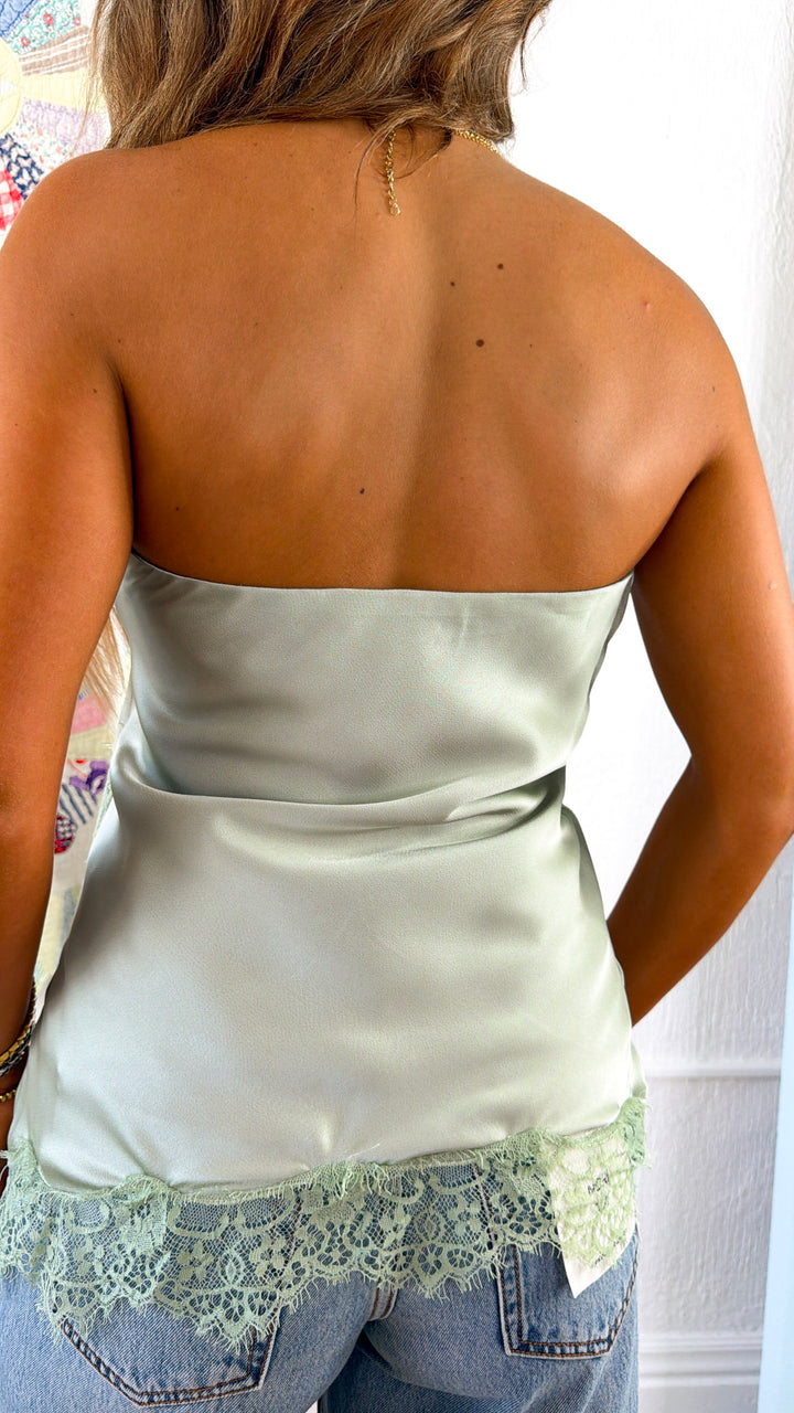 Satin Asymmetrical Hem Strapless Top, Lt. Sage