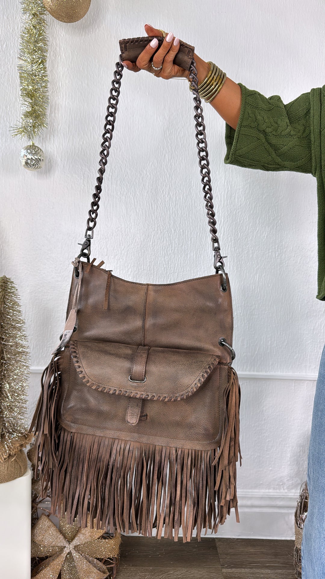 Lia Saddlebag W/ Chain, Taupe/Grey